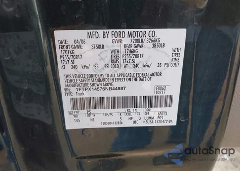 2006 Ford F-150 Fx4/Lariat/Xl/Xlt z USA, uszkodzony, nr VIN 1FTPX14576NB44887